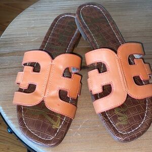 Sam Edelman Bay Sunset Orange Leather Mules Slide Sandals Size 7 EUC